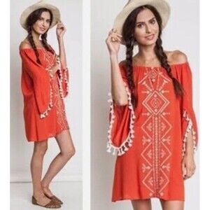 Kori Beach Tunic Boho Tribal Cover-up 3/4 Tassel Sleeve Mini Dress Red Small